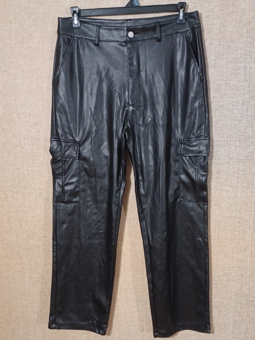 Women's Black Faux Leather Straight-Leg Cargo Pants